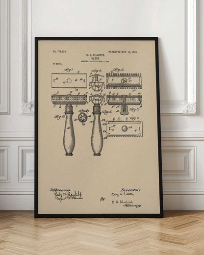 A framed vintage patent illustration for a razor invented by K. C. Gillette, dated November 15, 1904. The technical drawing on a beige background shows various figures and parts of the safety razor, with handwritten-style text and signatures at the bottom. Poster