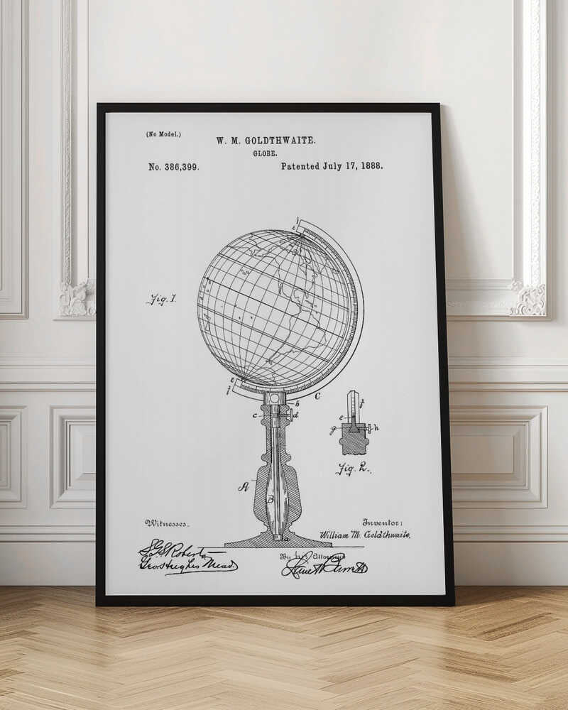 A framed black and white patent illustration for a globe, patented by W. M. Goldthwaite on July 17, 1888. The image features a detailed diagram of the globe on its stand, labeled 'Fig. 1', along with a smaller detail view, 'Fig. 2'. The patent number, inventor's name, and signatures are visible. Poster