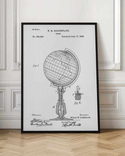 A framed black and white patent illustration for a globe, patented by W. M. Goldthwaite on July 17, 1888. The image features a detailed diagram of the globe on its stand, labeled 'Fig. 1', along with a smaller detail view, 'Fig. 2'. The patent number, inventor's name, and signatures are visible. Poster