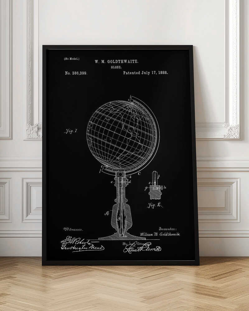 A vintage patent illustration for a globe by W. M. Goldthwaite, dated July 17, 1888. The design, shown in white lines on a black background, features a detailed technical drawing of the globe on its stand, complete with diagrams, labels, and signatures. Decor