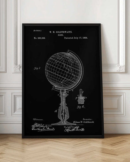 A vintage patent illustration for a globe by W. M. Goldthwaite, dated July 17, 1888. The design, shown in white lines on a black background, features a detailed technical drawing of the globe on its stand, complete with diagrams, labels, and signatures. Decor