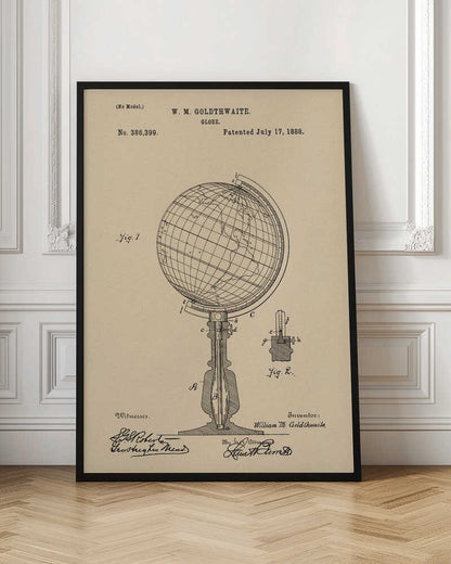 A framed vintage patent illustration for a globe invented by W. M. Goldthwaite, dated July 17, 1888. The artwork, on aged beige paper, features detailed black line drawings of the globe on its stand, complete with labels, technical cross-sections, and signatures. Artwork