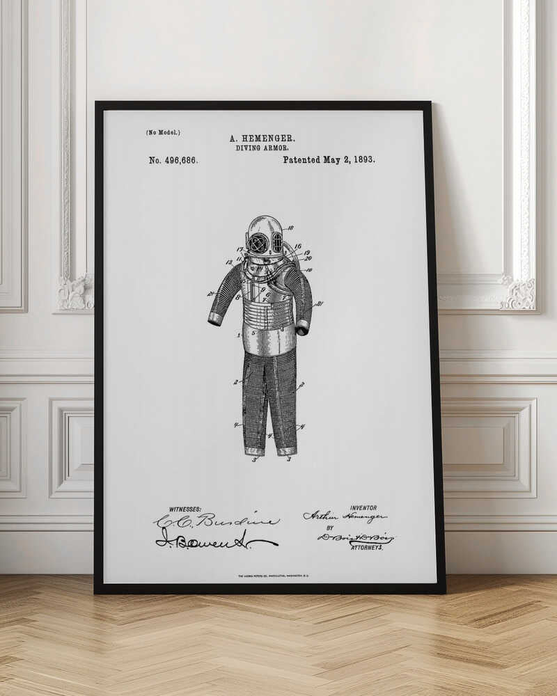 A framed black and white patent illustration for A. Hemenger's 'Diving Armor,' dated May 2, 1893, showing a detailed technical drawing of a vintage deep-sea diving suit. Artwork
