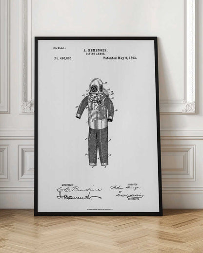 A framed black and white patent illustration for A. Hemenger's 'Diving Armor,' dated May 2, 1893, showing a detailed technical drawing of a vintage deep-sea diving suit. Artwork