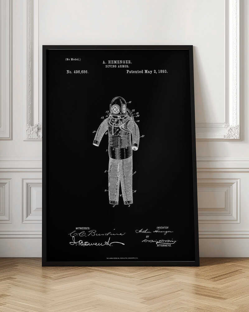 A framed vintage patent illustration for 'DIVING ARMOR' by A. Hemenger, patented May 2, 1893. The image shows a white line drawing of an antique diving suit on a solid black background, complete with technical numbers, inventor's name, and signatures. Artwork