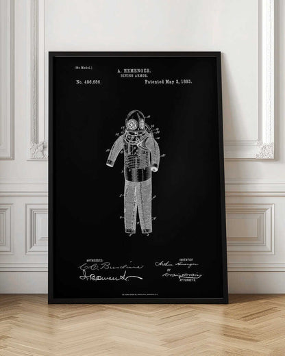 A framed vintage patent illustration for 'DIVING ARMOR' by A. Hemenger, patented May 2, 1893. The image shows a white line drawing of an antique diving suit on a solid black background, complete with technical numbers, inventor's name, and signatures. Artwork