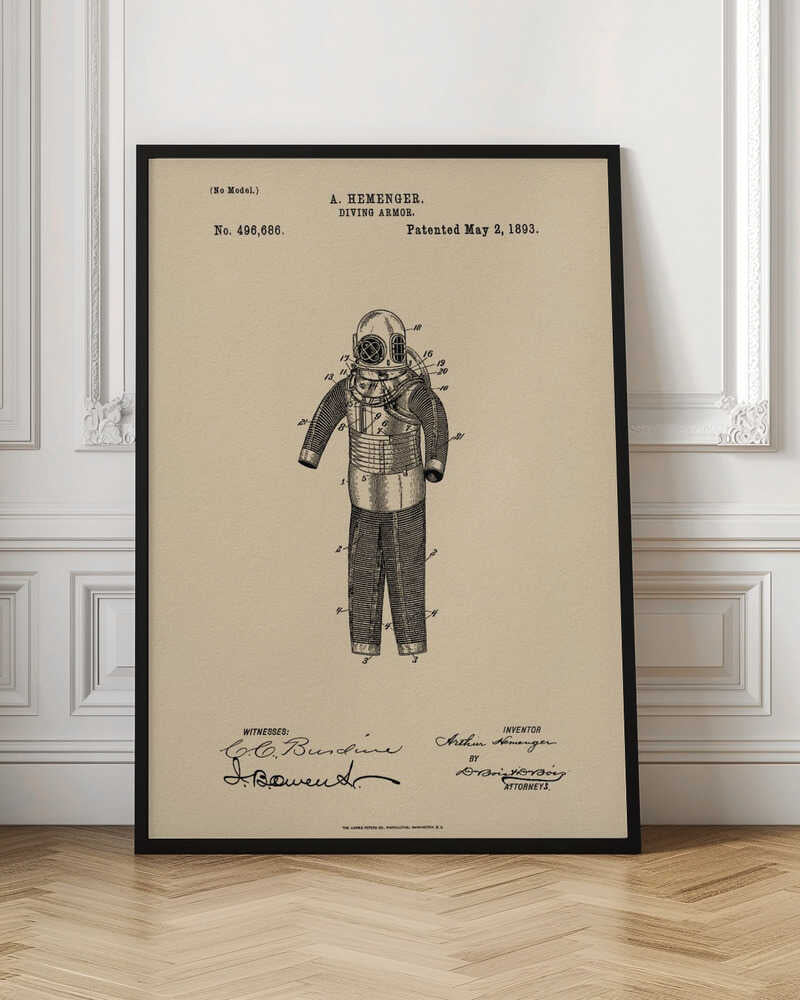 A framed vintage patent illustration for 'DIVING ARMOR' by A. Hemenger, dated May 2, 1893. The detailed black ink drawing of an old-fashioned diving suit is centered on beige, parchment-style paper, with official text and signatures below. Print