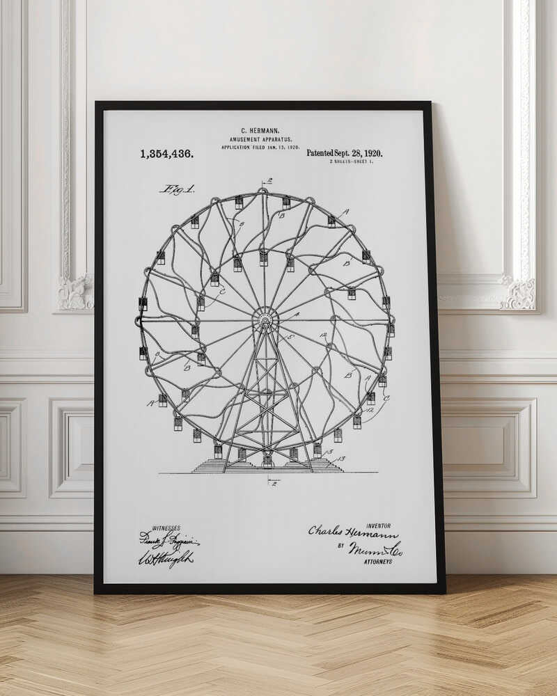 A framed black and white patent illustration for C. Hermann's 'Amusement Apparatus,' dated 1920. The drawing shows a detailed technical schematic of a Ferris wheel, complete with its structural support, spokes, and passenger cars. Text on the document includes the patent number, inventor's name, and witness signatures. Wall Art