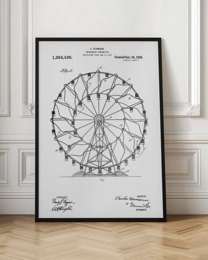 A framed black and white patent illustration for C. Hermann's 'Amusement Apparatus,' dated 1920. The drawing shows a detailed technical schematic of a Ferris wheel, complete with its structural support, spokes, and passenger cars. Text on the document includes the patent number, inventor's name, and witness signatures. Wall Art
