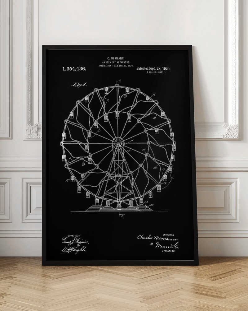 A framed patent illustration of a Ferris wheel from 1920, presented in a blueprint style with white lines and text on a black background. The technical drawing details the structure of the amusement apparatus and includes the inventor's name, patent number, and date. Decor
