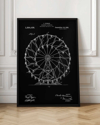 A framed patent illustration of a Ferris wheel from 1920, presented in a blueprint style with white lines and text on a black background. The technical drawing details the structure of the amusement apparatus and includes the inventor's name, patent number, and date. Decor