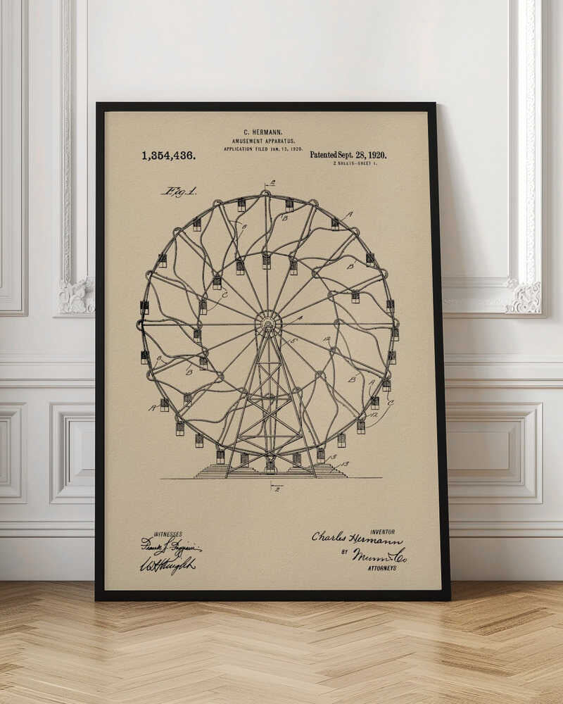 A framed vintage patent illustration of a Ferris wheel from 1920. The technical drawing is in black ink on aged beige paper, detailing the structure of the amusement apparatus. Text at the top identifies the inventor, C. Hermann, and the patent date, September 28, 1920. Decor