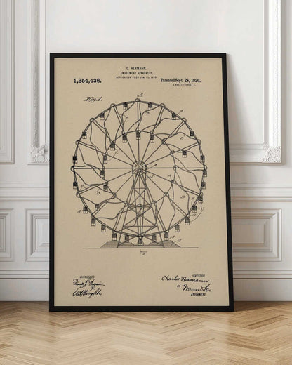 A framed vintage patent illustration of a Ferris wheel from 1920. The technical drawing is in black ink on aged beige paper, detailing the structure of the amusement apparatus. Text at the top identifies the inventor, C. Hermann, and the patent date, September 28, 1920. Decor