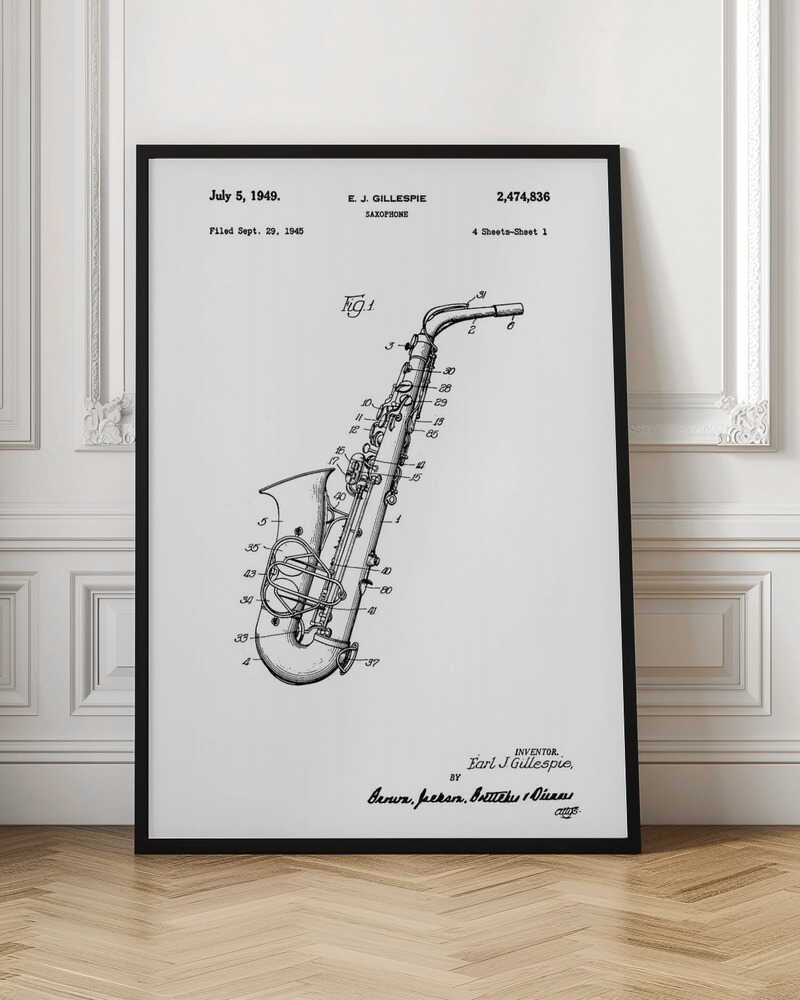 A framed black and white patent illustration for a saxophone, invented by E. J. Gillespie. The drawing, dated July 5, 1949, shows a detailed diagram of the instrument with numbered parts, set against a white background. Wall Art