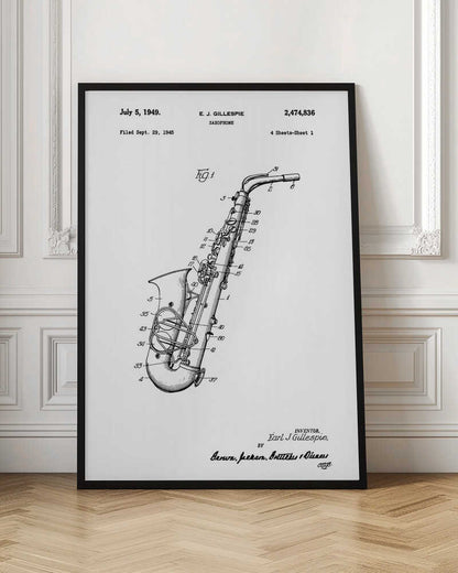 A framed black and white patent illustration for a saxophone, invented by E. J. Gillespie. The drawing, dated July 5, 1949, shows a detailed diagram of the instrument with numbered parts, set against a white background. Wall Art