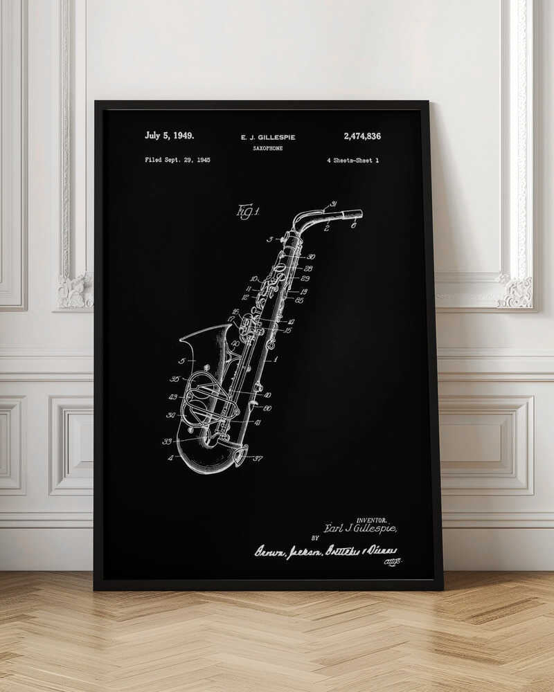 A framed black and white patent illustration for a saxophone, dated July 5, 1949. The image features a detailed schematic of the instrument as a white line drawing on a black background, with various parts numbered. Text at the top includes the date, inventor's name (E.J. Gillespie), and patent number. Wall Art