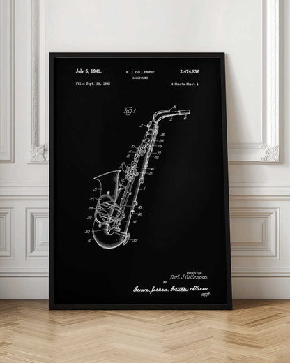 A framed black and white patent illustration for a saxophone, dated July 5, 1949. The image features a detailed schematic of the instrument as a white line drawing on a black background, with various parts numbered. Text at the top includes the date, inventor's name (E.J. Gillespie), and patent number. Wall Art