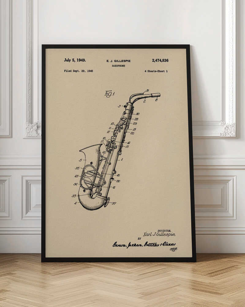 A framed vintage patent illustration of a saxophone, dated July 5, 1949. The detailed black line drawing is on a beige background and includes technical numbers pointing to different parts of the instrument. Artwork