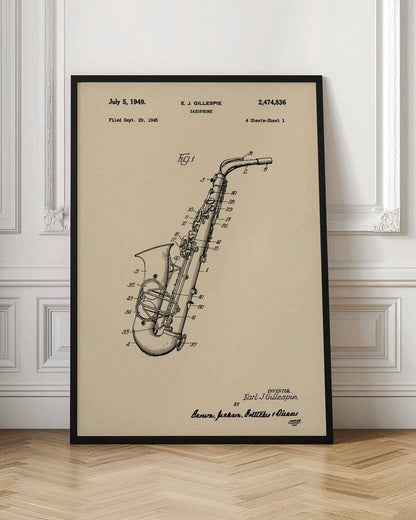 A framed vintage patent illustration of a saxophone, dated July 5, 1949. The detailed black line drawing is on a beige background and includes technical numbers pointing to different parts of the instrument. Artwork