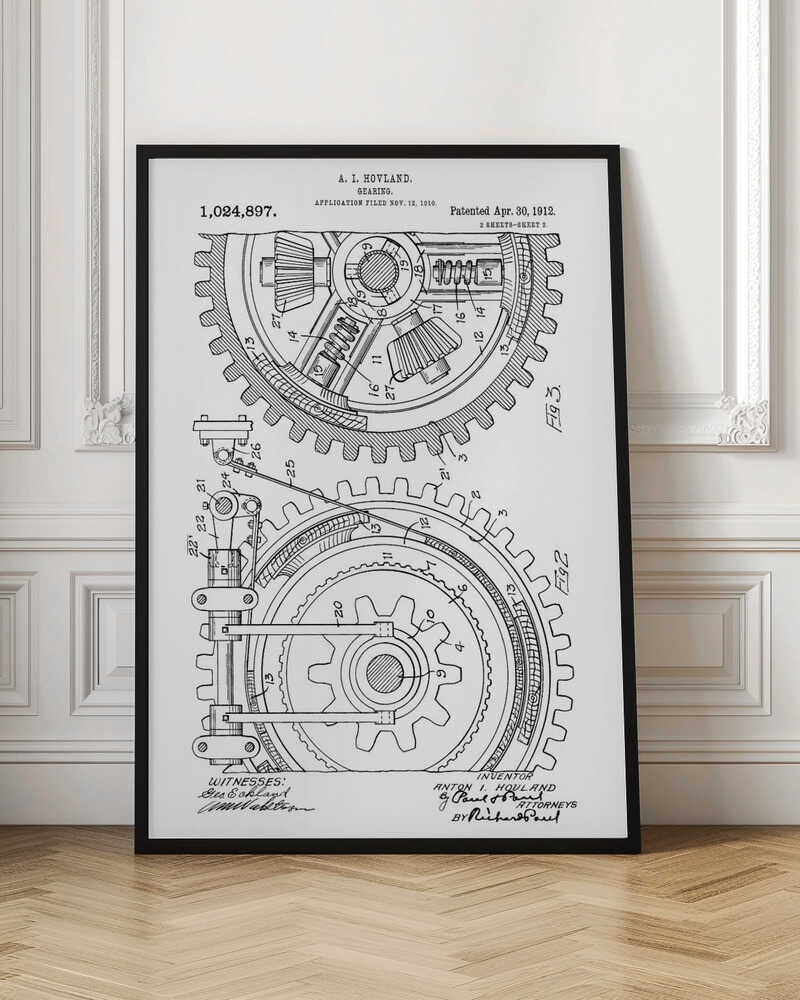 A framed black and white patent illustration for a 'Gearing' mechanism by A. I. Hovland, dated 1912. The detailed technical drawing shows two large interlocking gears with their internal components, labeled with numbers and accompanied by official text and signatures. Print