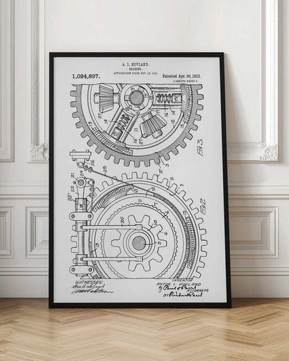 A framed black and white patent illustration for a 'Gearing' mechanism by A. I. Hovland, dated 1912. The detailed technical drawing shows two large interlocking gears with their internal components, labeled with numbers and accompanied by official text and signatures. Print