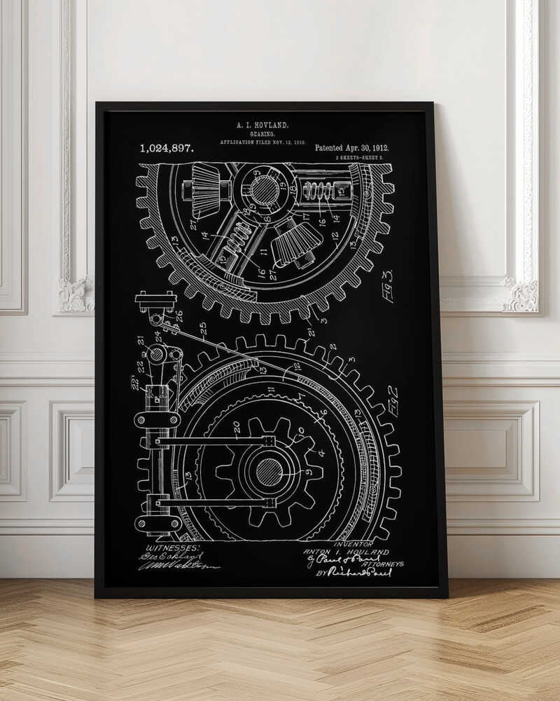 A vintage patent diagram from 1912 for a gearing mechanism, displayed as a white line drawing on a black background. The technical illustration shows two large interlocking gears in cross-section, with detailed components and numbered parts. Text at the top identifies the inventor, patent number, and dates. Decor