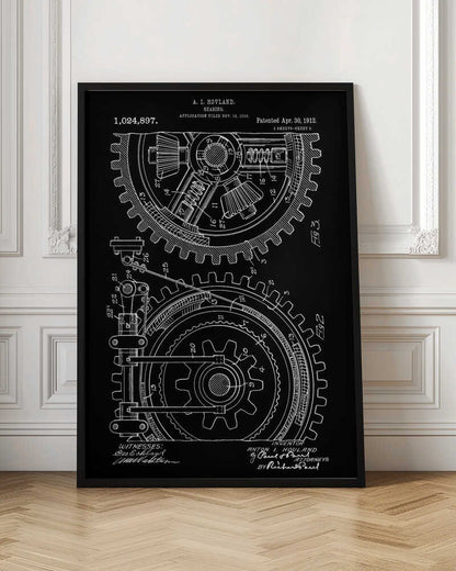 A vintage patent diagram from 1912 for a gearing mechanism, displayed as a white line drawing on a black background. The technical illustration shows two large interlocking gears in cross-section, with detailed components and numbered parts. Text at the top identifies the inventor, patent number, and dates. Decor