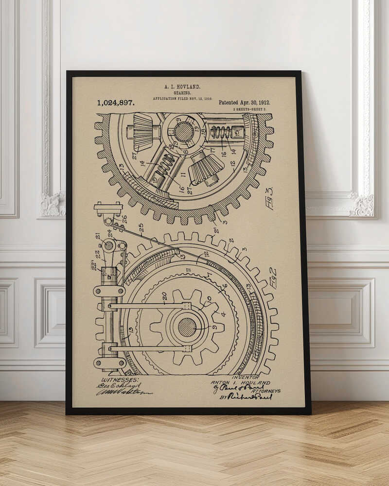 A framed vintage patent illustration of a complex gearing mechanism, dated April 30, 1912. The detailed black ink drawing on beige parchment paper shows two large interlocking gears with their internal components, complete with numbered parts and official text. Artwork