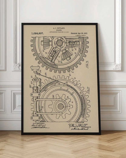 A framed vintage patent illustration of a complex gearing mechanism, dated April 30, 1912. The detailed black ink drawing on beige parchment paper shows two large interlocking gears with their internal components, complete with numbered parts and official text. Artwork