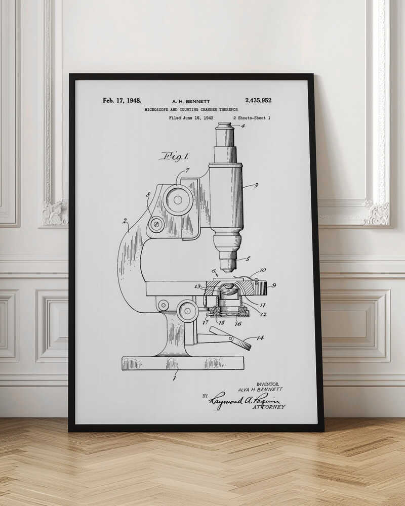 A framed patent illustration for a microscope, dated February 17, 1948. The black and white technical drawing shows a side view of the microscope with its various parts labeled with numbers. Text at the top provides patent details, and signatures are at the bottom. Wall Art