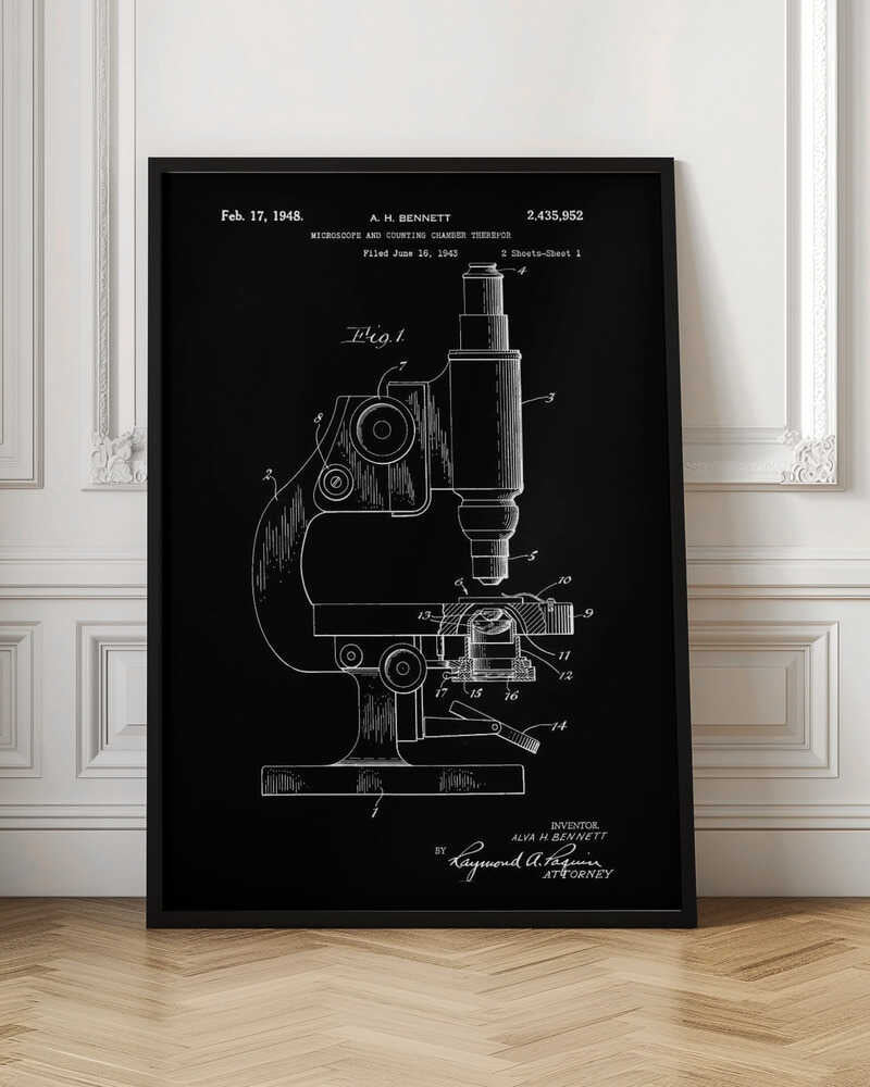 A framed patent illustration from 1948 for A. H. Bennett's microscope and counting chamber, depicted in a white-on-black blueprint style. The detailed diagram shows a side view of the microscope with various parts numbered for reference. Decor