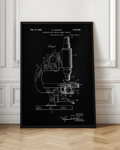 A framed patent illustration from 1948 for A. H. Bennett's microscope and counting chamber, depicted in a white-on-black blueprint style. The detailed diagram shows a side view of the microscope with various parts numbered for reference. Decor