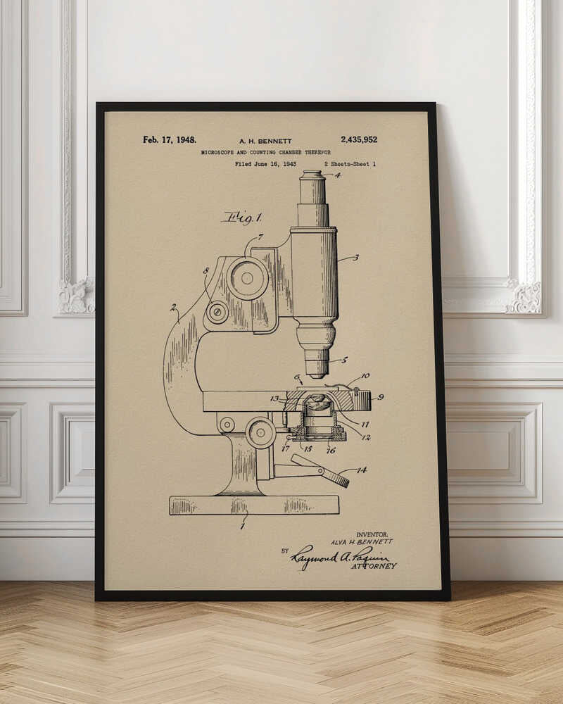 A framed vintage patent illustration for a microscope by A.H. Bennett, dated February 17, 1948. The black line drawing is on a tan, parchment-like background and shows a detailed side view of the microscope with its parts numbered, in the style of a technical blueprint. Wall Art