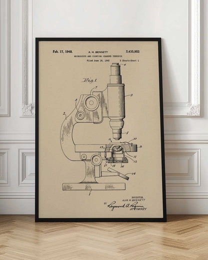 A framed vintage patent illustration for a microscope by A.H. Bennett, dated February 17, 1948. The black line drawing is on a tan, parchment-like background and shows a detailed side view of the microscope with its parts numbered, in the style of a technical blueprint. Wall Art