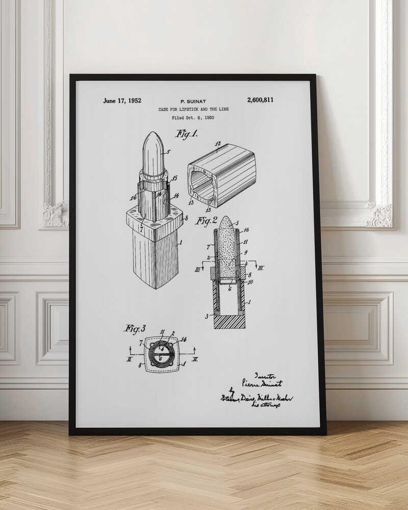 A framed black and white patent illustration for a lipstick case, dated June 17, 1952. The drawing, by inventor P. Suinat, shows detailed diagrams of the lipstick mechanism from different angles, including a perspective view, a cross-section, and a top-down view, all labeled with reference numbers. Poster