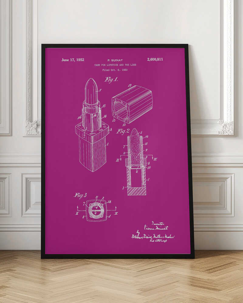 A framed patent illustration for a lipstick case from 1952, depicted in white line art on a vibrant magenta background. The poster shows multiple figures of the lipstick mechanism, including an isometric view, a cross-section, and a top-down view, all within a black frame. Poster