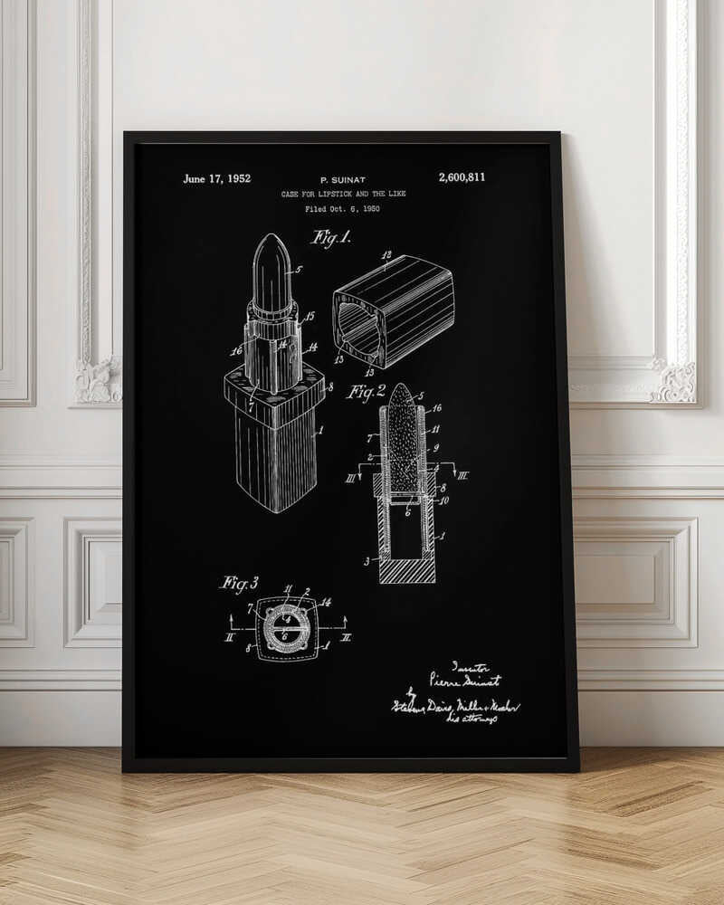 A framed black and white patent illustration for a lipstick case from 1952. The technical drawing shows three figures detailing the lipstick's design, including an isometric view, a cross-section, and a top-down view, all rendered in white lines on a black background. Poster