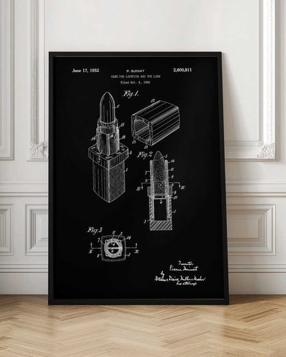 A framed black and white patent illustration for a lipstick case from 1952. The technical drawing shows three figures detailing the lipstick's design, including an isometric view, a cross-section, and a top-down view, all rendered in white lines on a black background. Poster