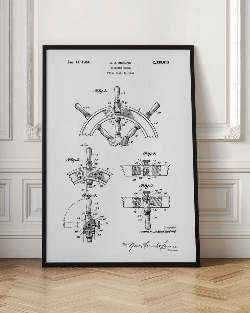 A framed black and white patent illustration for a steering wheel, invented by A. J. Higgins. The document, dated January 11, 1944, displays five detailed figures showing different views and cross-sections of the nautical wheel's construction. Wall Art