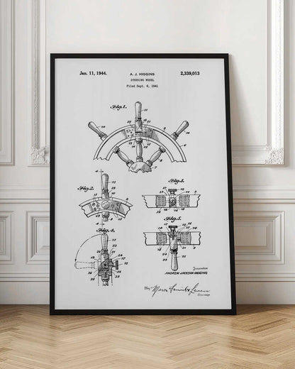A framed black and white patent illustration for a steering wheel, invented by A. J. Higgins. The document, dated January 11, 1944, displays five detailed figures showing different views and cross-sections of the nautical wheel's construction. Wall Art
