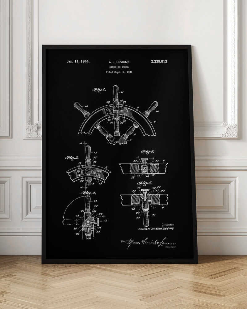 A vintage patent illustration for a steering wheel by A.J. Higgins, dated January 11, 1944. The artwork is a black and white blueprint-style drawing showing multiple figures and technical details of a ship's helm, presented in a black frame. Poster