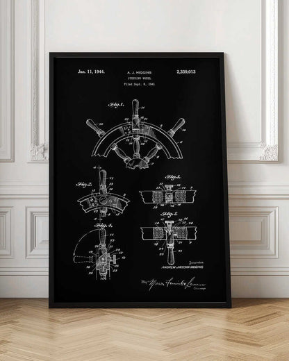 A vintage patent illustration for a steering wheel by A.J. Higgins, dated January 11, 1944. The artwork is a black and white blueprint-style drawing showing multiple figures and technical details of a ship's helm, presented in a black frame. Poster