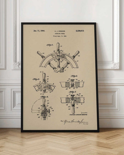 A framed art print of the 1944 patent for a steering wheel by A. J. Higgins. The print features detailed technical drawings in black ink on a beige, parchment-like background, showing various angles and cross-sections of the ship's wheel. The text includes the patent number, date, and inventor's name. Print