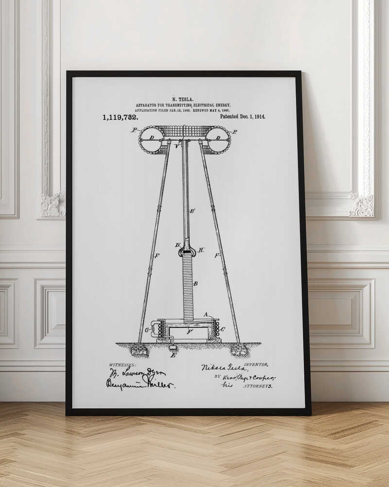 A framed black and white patent illustration by Nikola Tesla for an 'APPARATUS FOR TRANSMITTING ELECTRICAL ENERGY,' dated 1914. The technical drawing shows a large coil and tower structure with labeled parts, and includes signatures of the inventor and witnesses at the bottom. Wall Art