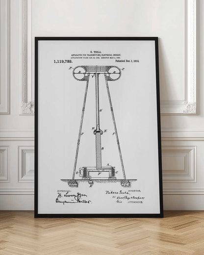 A framed black and white patent illustration by Nikola Tesla for an 'APPARATUS FOR TRANSMITTING ELECTRICAL ENERGY,' dated 1914. The technical drawing shows a large coil and tower structure with labeled parts, and includes signatures of the inventor and witnesses at the bottom. Wall Art