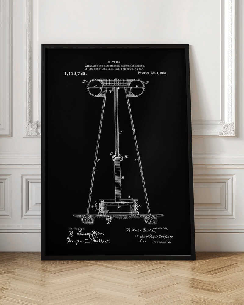 A framed black and white patent illustration by Nikola Tesla for his 'Apparatus for Transmitting Electrical Energy.' The diagram, dated December 1, 1914, shows a large coil and tower structure, with signatures of the inventor and witnesses at the bottom. Decor