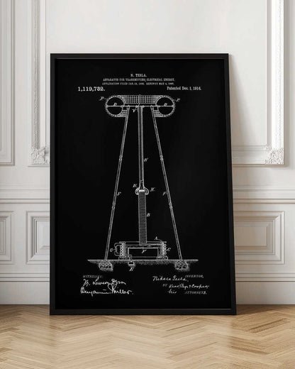 A framed black and white patent illustration by Nikola Tesla for his 'Apparatus for Transmitting Electrical Energy.' The diagram, dated December 1, 1914, shows a large coil and tower structure, with signatures of the inventor and witnesses at the bottom. Decor
