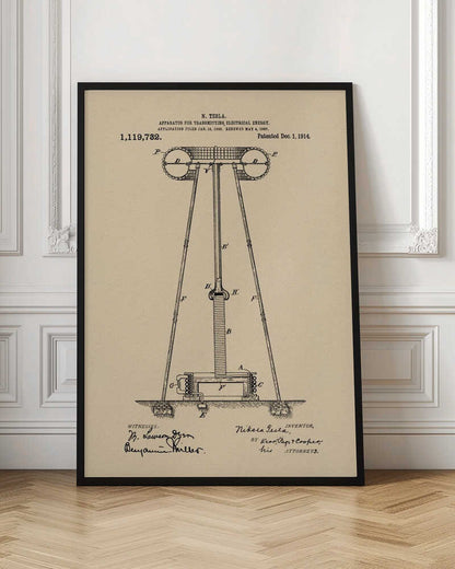 A framed vintage patent print of Nikola Tesla's 'Apparatus for Transmitting Electrical Energy,' dated 1914. The illustration shows a detailed technical drawing of a large tower-like structure on a beige parchment-style background, complete with patent number, dates, and signatures. Print