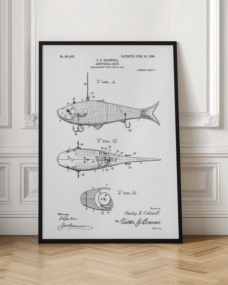 A framed black and white patent illustration for an 'Artificial Bait' by C.D. Caldwell, dated June 16, 1908. The drawing displays multiple figures of a fish-shaped lure, including side, top, and cross-section views with detailed mechanical parts and labels. Artwork
