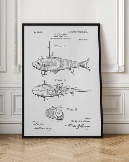 A framed black and white patent illustration for an 'Artificial Bait' by C.D. Caldwell, dated June 16, 1908. The drawing displays multiple figures of a fish-shaped lure, including side, top, and cross-section views with detailed mechanical parts and labels. Artwork